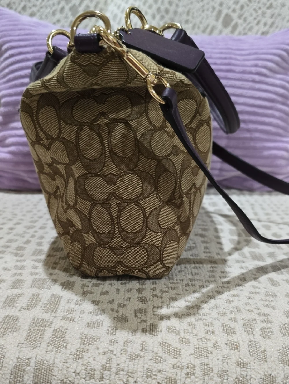 Coach Kelsey Brown Signature Satchel with Purple Leather Accents - Picture 4 of 15
